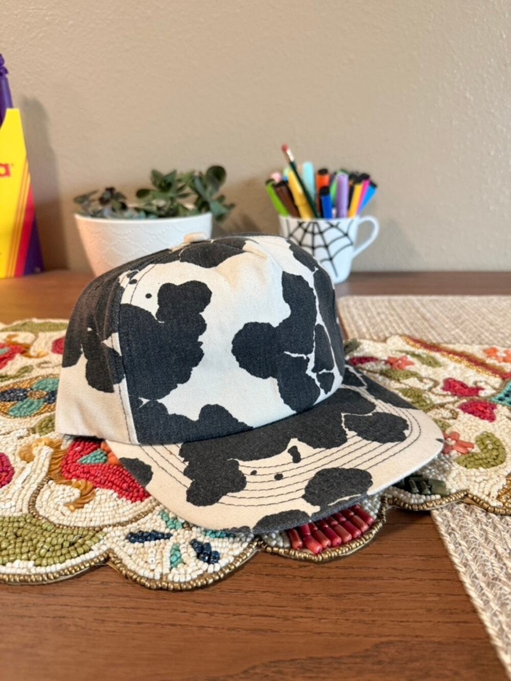 80s American Legend Vintage Cow Print 6-Panel Trucker Snapback Hat USA Stussy